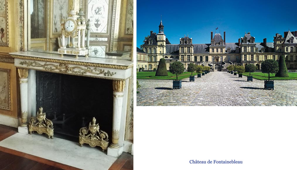Très belle cheminée ancienne de style Louis XVI en marbre Statuaire de Carrare à colonnes en forme de carquois et ornements de bronze doré d'après le modèle du Château de Fontainebleau-17