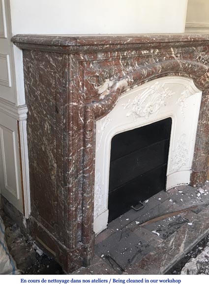 Cheminée ancienne de style Louis XIV en marbre Saint Remy avec son intérieur en fonte-2