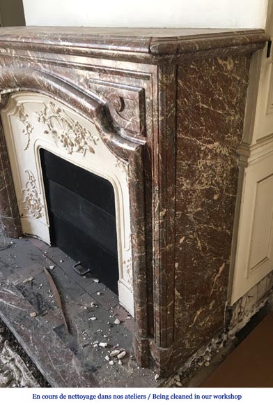 Cheminée ancienne de style Louis XIV en marbre Saint Remy avec son intérieur en fonte-3