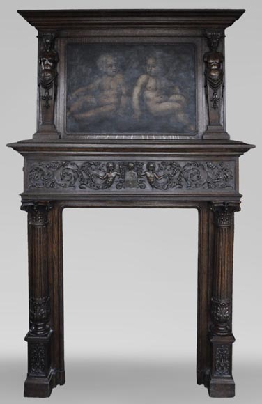 Cheminée ancienne de style Néo-Renaissance en chêne avec une peinture représentant deux putti-0