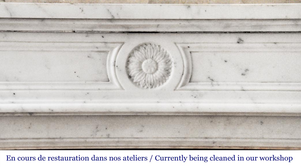 Cheminée de style Louis XVI en marbre de Carrare demi statuaire, décorée d'un tournesol Cheminée de style Louis XVI en marbre de Carrare demi statuaire, décorée d'un tournesol-1