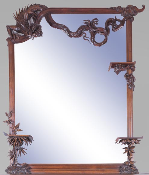 Maison des Bambous Alfred PERRET et Ernest VIBERT (attribué à), Importante Cheminée Japonisante et son trumeau, en sycomore, à décor de têtes d'éléphants et de dragons-2