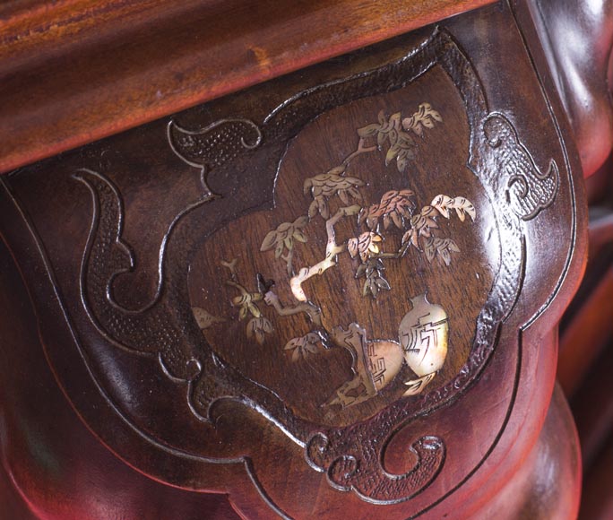 Maison des Bambous Alfred PERRET et Ernest VIBERT (attribué à), Importante Cheminée Japonisante et son trumeau, en sycomore, à décor de têtes d'éléphants et de dragons-11