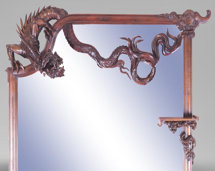 Maison des Bambous Alfred PERRET et Ernest VIBERT (attribué à), Importante Cheminée Japonisante et son trumeau, en sycomore, à décor de têtes d'éléphants et de dragons-13
