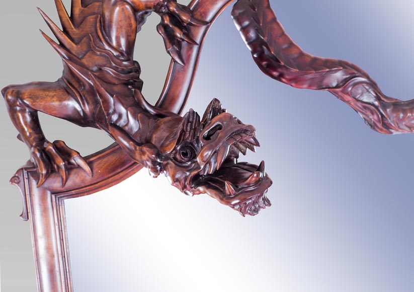 Maison des Bambous Alfred PERRET et Ernest VIBERT (attribué à), Importante Cheminée Japonisante et son trumeau, en sycomore, à décor de têtes d'éléphants et de dragons-14