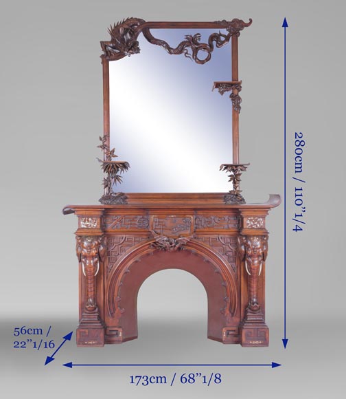 Maison des Bambous Alfred PERRET et Ernest VIBERT (attribué à), Importante Cheminée Japonisante et son trumeau, en sycomore, à décor de têtes d'éléphants et de dragons-16