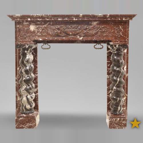 Imposante cheminée ancienne de style Napoléon III à colonnes salomoniques en marbre rouge et marbre Noir Marquina