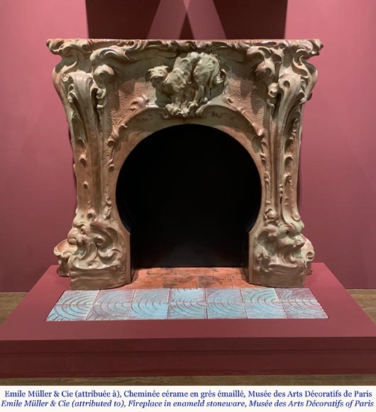 Rare cheminée Art Nouveau au chat en grès émaillé-1