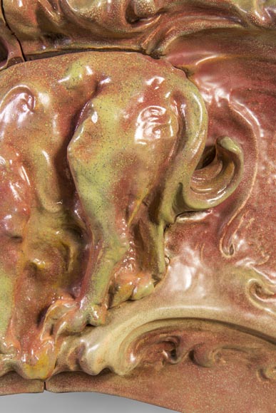Rare cheminée Art Nouveau au chat en grès émaillé-5