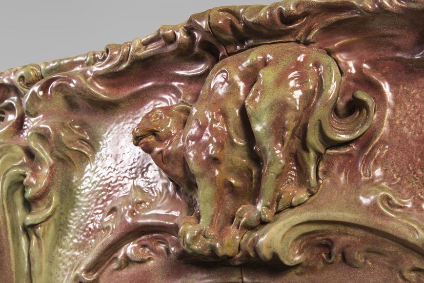 Rare cheminée Art Nouveau au chat en grès émaillé-6