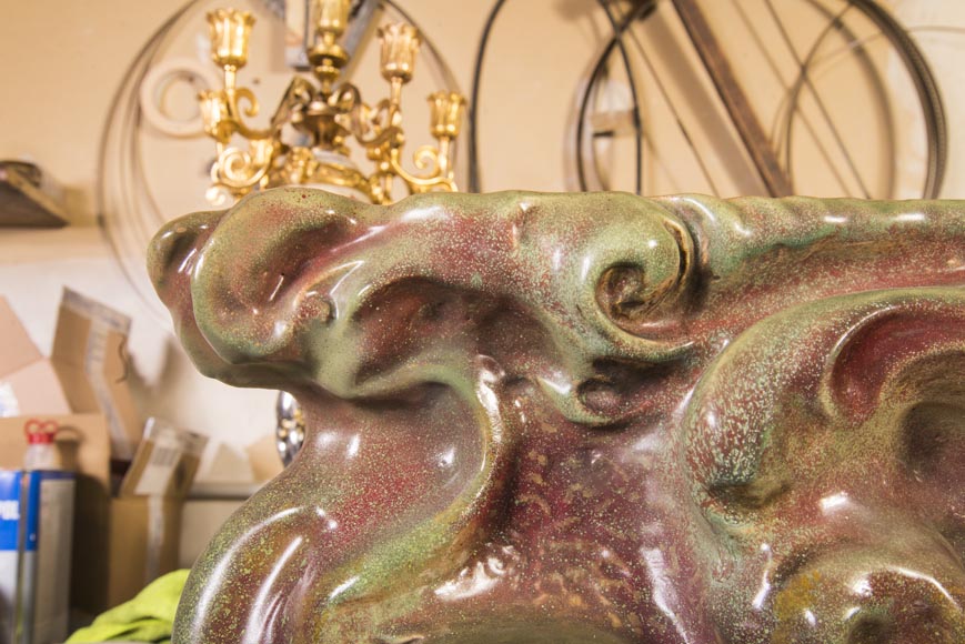 Rare cheminée Art Nouveau au chat en grès émaillé-9