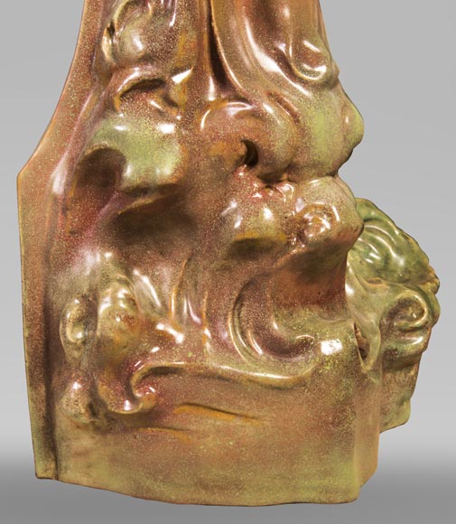 Rare cheminée Art Nouveau au chat en grès émaillé-19