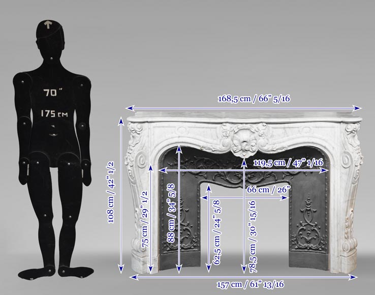 Cheminée de style Louis XV en marbre de Carrare richement décorée de coquilles et de fleurs-18