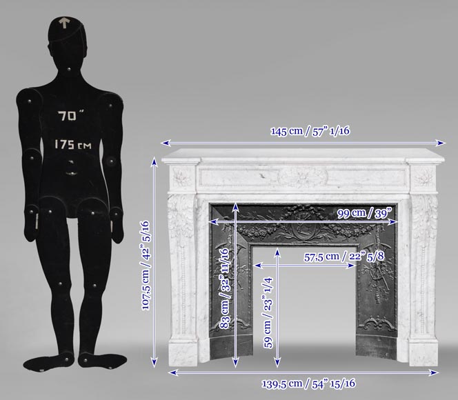 Cheminée de style Louis XVI en marbre de Carrare, décorée de feuilles d'acanthe-11