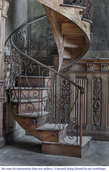Bel escalier en colimaçon et rambarde en fer forgé à décor de fleurs et d'arabesques-1
