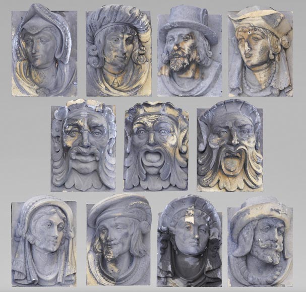 Ensemble de visages sculptés et d'éléments décoratifs en pierre de Soleil des Ardennes, fin du XIXe siècle-0