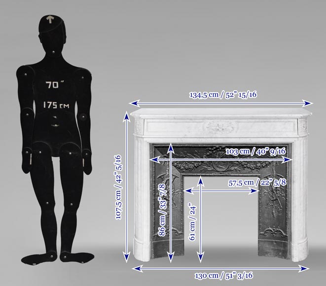 Cheminée de style Louis XVI en marbre de Carrare à coins arrondis-11