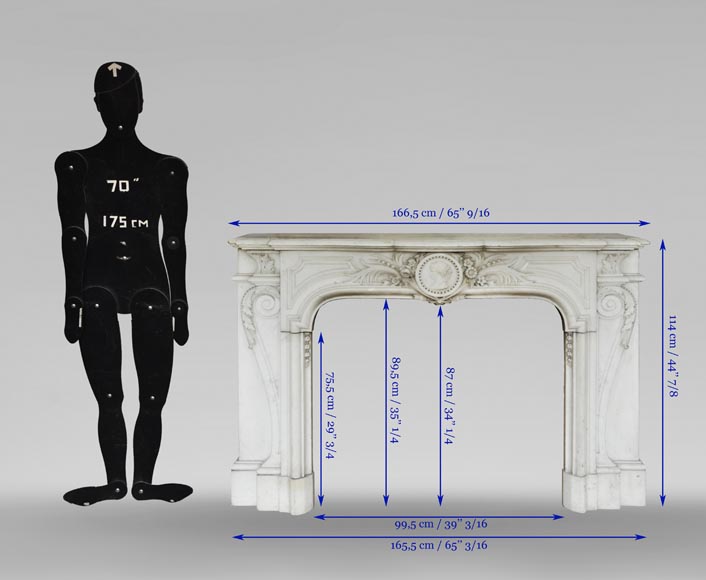 Cheminée ancienne Napoléon III en marbre demi statuaire, à décor de profil de femme dans un médaillon perlé-14