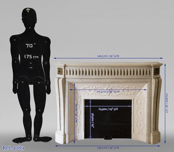 Cheminée ancienne de style Louis XVI en marbre de Carrare et ornementations de bronze-9