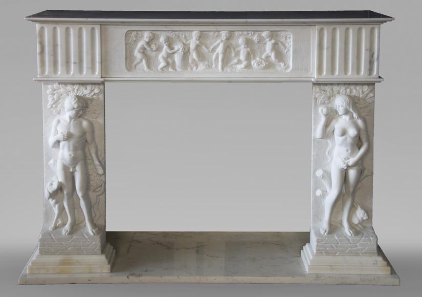Cheminée en marbre de Carrare à décor d'Adam et Eve-0