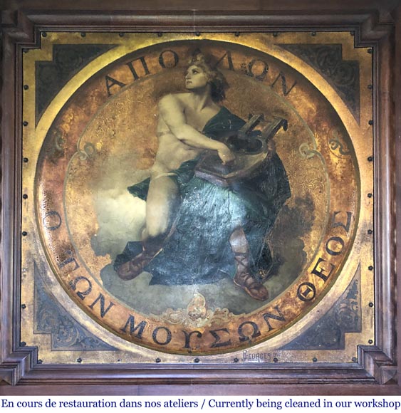 Cheminée ancienne en noyer au trumeau à décor d'une peinture figurant le Dieu Apollon-2