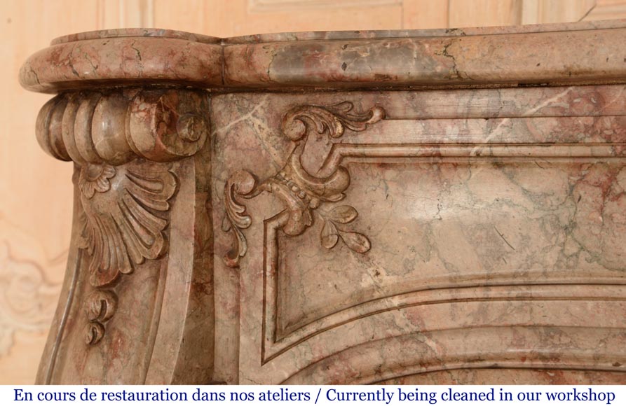 Cheminée ancienne de style Régence richement sculptée, en marbre Sarrancolin Ilhet-4