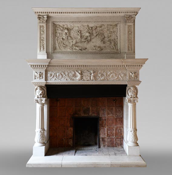 Cheminée en pierre monumentale de style Néo-Renaissance, aux armes du comte de Horn, vers 1905-0