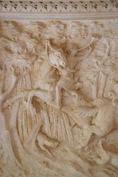 Cheminée en pierre monumentale de style Néo-Renaissance, aux armes du comte de Horn, vers 1905-12