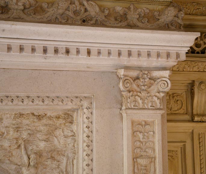 Cheminée en pierre monumentale de style Néo-Renaissance, aux armes du comte de Horn, vers 1905-16