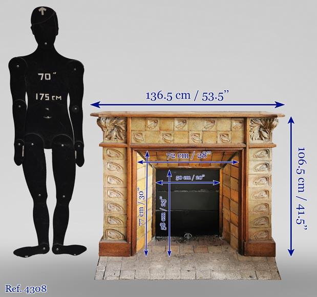 Gentil & Bourdet (attribué à), cheminée ancienne Art Nouveau en chêne et grès-12