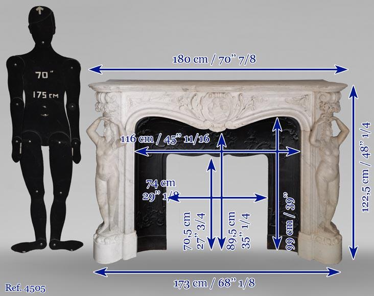 Riche et originale cheminée Napoléon III en marbre de Carrare aux cariatides et profil d'homme-16