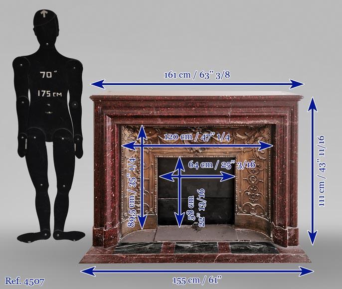 Grande cheminée ancienne de style Louis XIV en marbre Rouge Griotte-10
