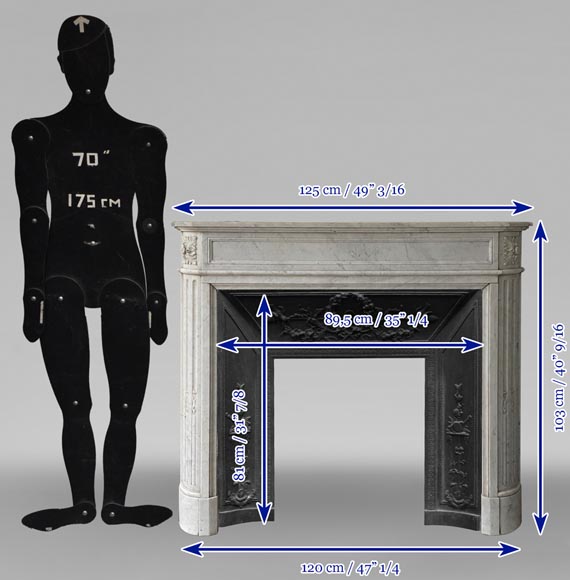 Cheminée de style Louis XVI en marbre de Carrare aux rebords arrondis-6