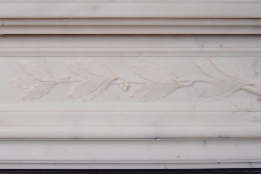 Cheminée de style Louis XVI ornée de feuilles d'acanthe sculptées, en marbre statuaire-2