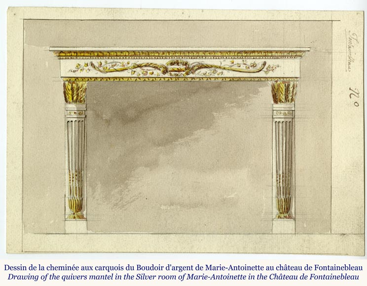 Superbe cheminée de style Louis XVI en marbre statuaire aux carquois inspiré du modèle du Château de Fontainebleau dessiné par Pierre-Marie Rousseau-1