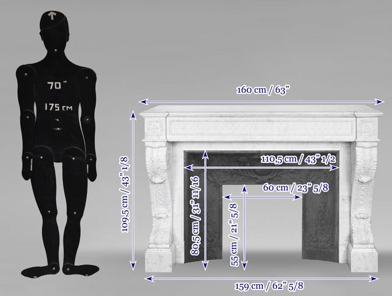 Cheminée de style Napoléon III à enroulement, richement sculptée, en marbre de Carrare-13