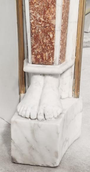 Cheminée en marbre statuaire aux cariatides et plaquage de marbre Brocatelle-5