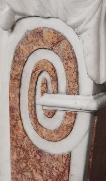 Cheminée en marbre statuaire aux cariatides et plaquage de marbre Brocatelle-11