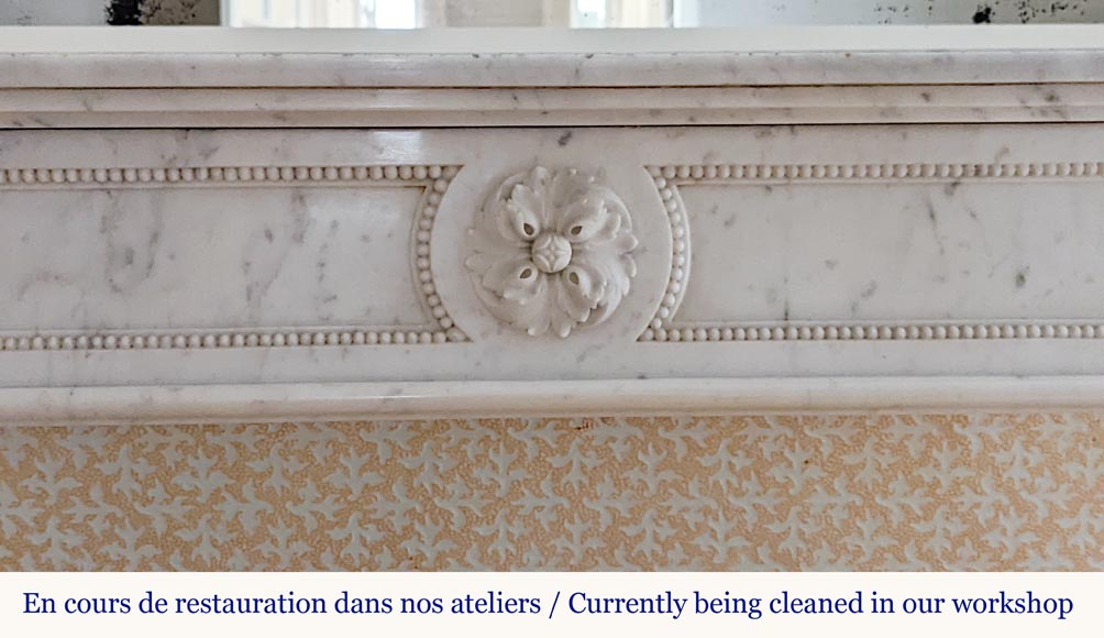 Cheminée de style Louis XVI en marbre de Carrare aux rosaces -1