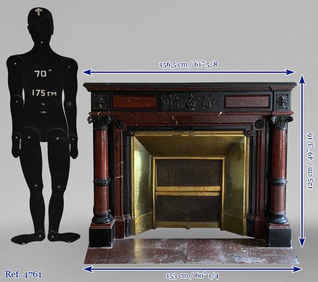 Cheminée Napoléon III en marbre Rouge Griotte et marbre Noir de Belgique à colonnes composites-11