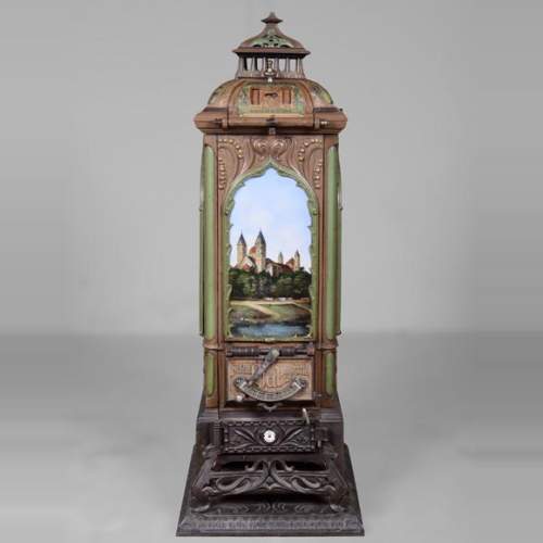 Musgrave & Co mannheim - Poêle en fonte émaillée orné de vues de monuments importants du palatinat, Allemagne, vers 1900