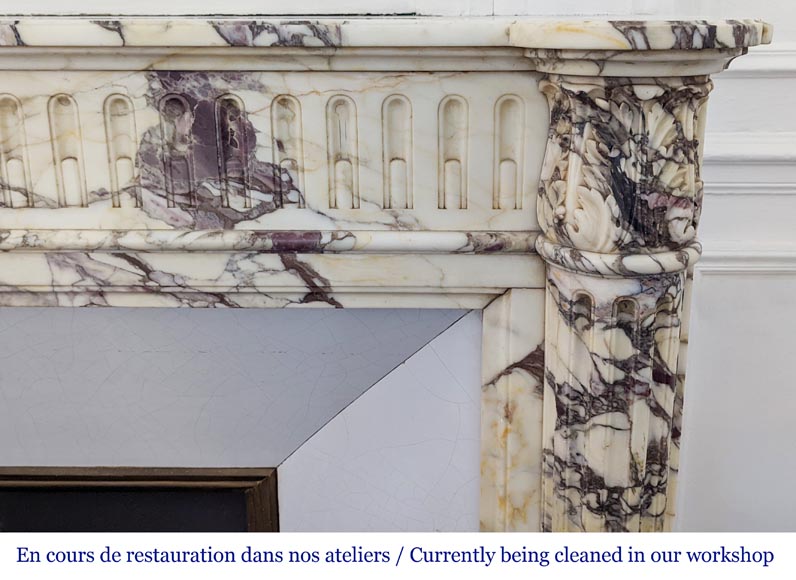 Cheminée de style Louis XVI à demi-colonnes et rudentures en Brèche Violette-7