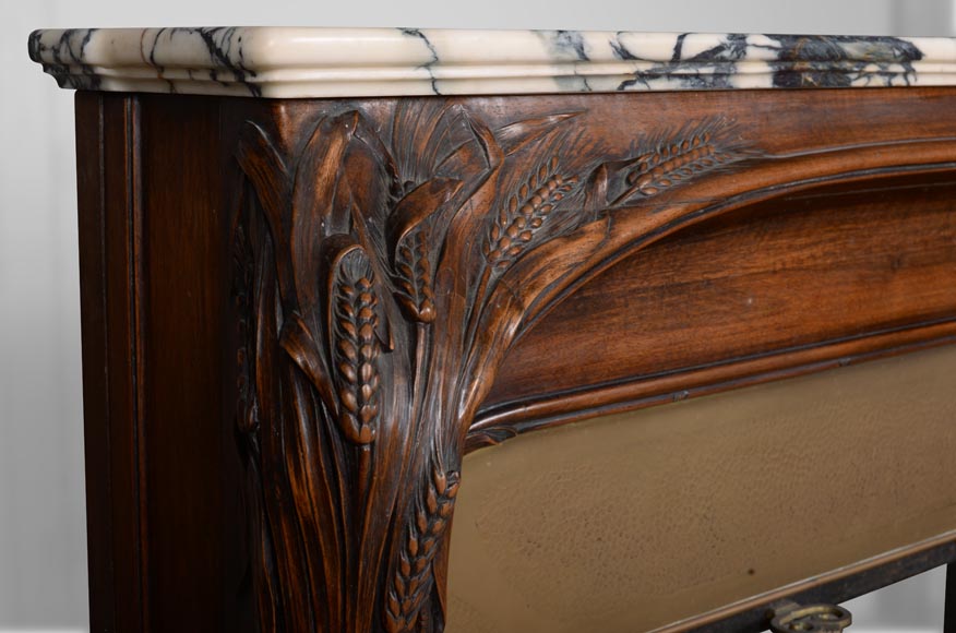 Cheminée de style Art Nouveau en bois de noyer et marbre Panazeau-3