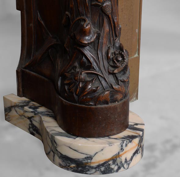 Cheminée de style Art Nouveau en bois de noyer et marbre Panazeau-6