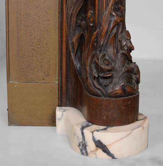 Cheminée de style Art Nouveau en bois de noyer et marbre Panazeau-11