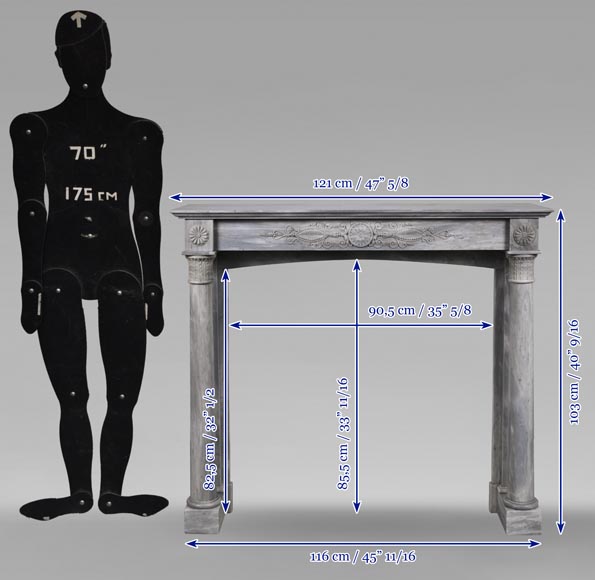 Cheminée d'époque Restauration en marbre Turquin clair, à colonnes détachées et bandeau sculpté-13