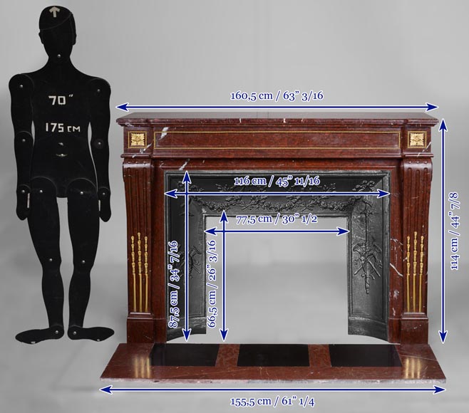 Cheminée de style Louis XVI en marbre Rouge Griotte , perlée de bronze doré-11