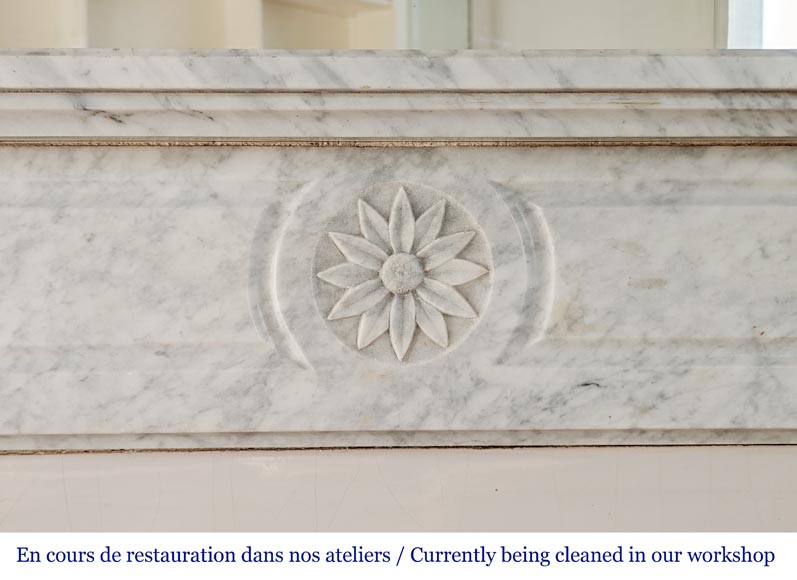 Petite cheminée de style Louis XVI en marbre de Carrare à la fleur-1