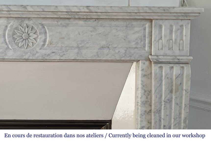 Petite cheminée de style Louis XVI en marbre de Carrare à la fleur-6