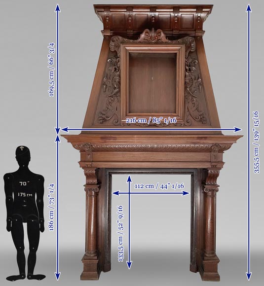 Grande cheminée Néo-Renaissance en noyer aux cuirs découpés-12